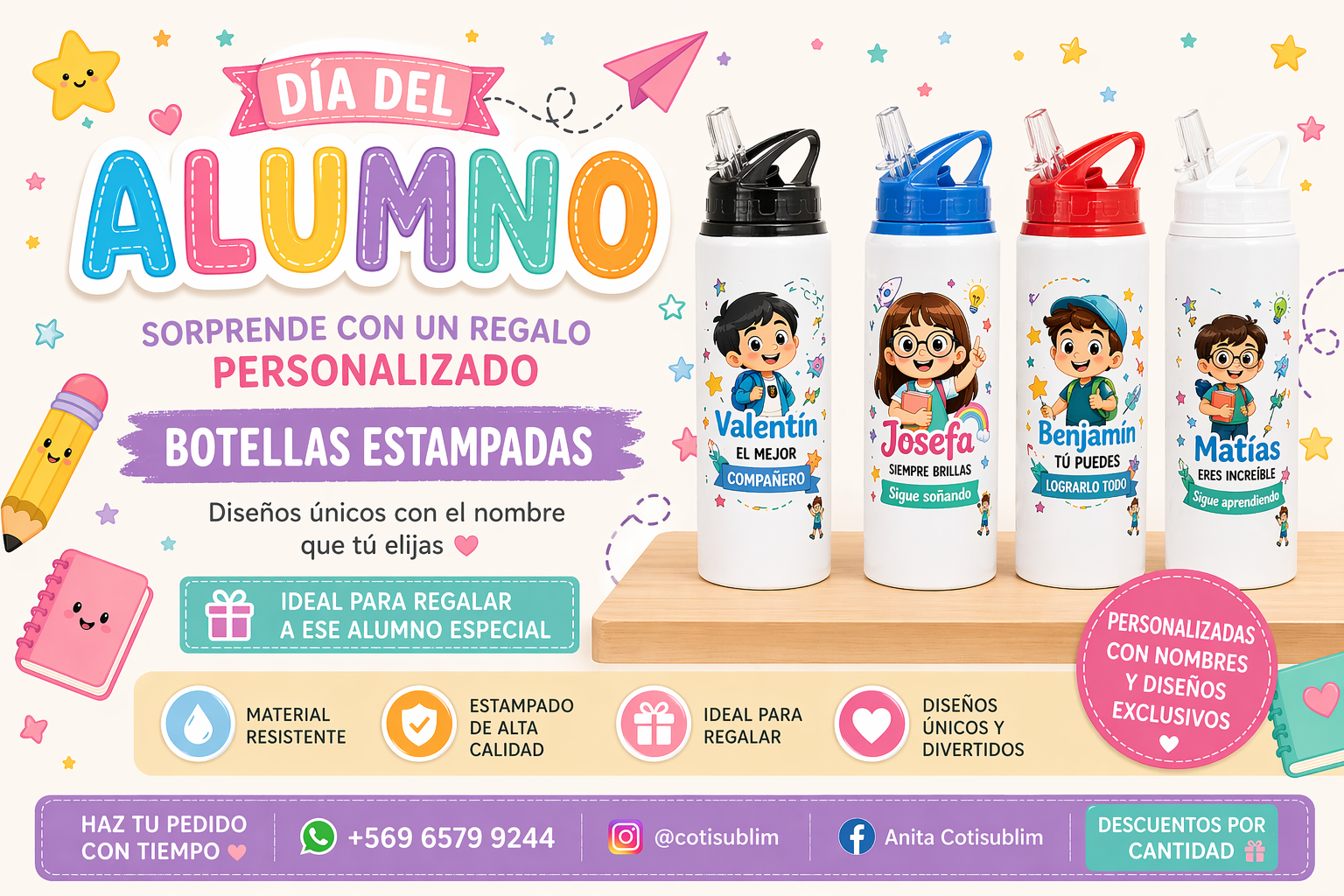 Botellas Personalizadas 750 ML - Tapa click - Día del Alumno – Diseños Personalizados
